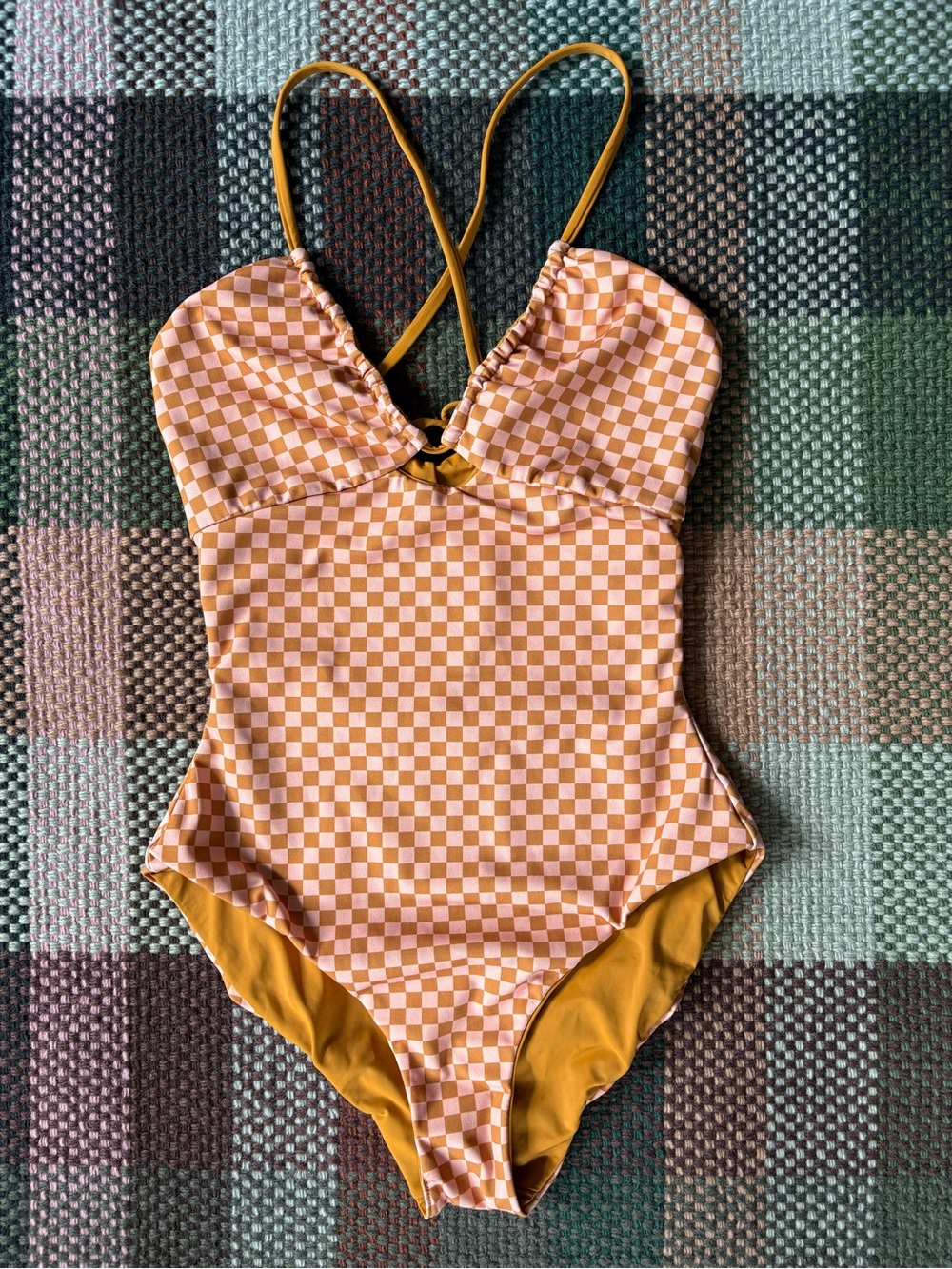 THE GREAT. Reversible Keyhole One-Piece Swimsuit in check pattern